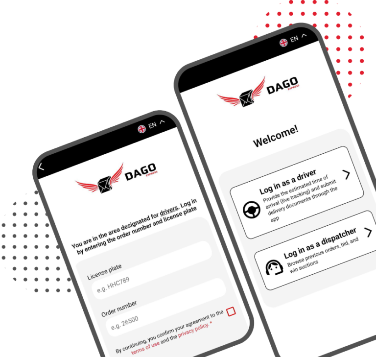 Smartphone mit geöffneter DAGO Express App, Anmeldemaske für Fahrer und Disponenten sichtbar