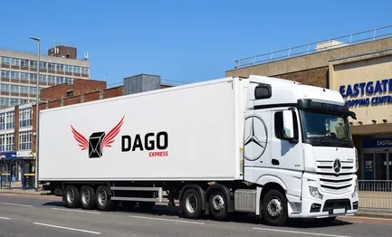 DAGO Express courier service truck in front of Basildon Town Centre and Eastgate Shopping Centre in Basildon