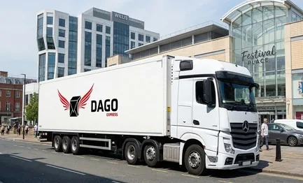 DAGO Express courier service truck in front of Festival Place and Basing House ruins in Basingstoke