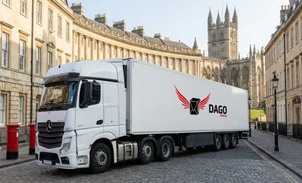 DAGO Express courier service truck in front of Roman Baths and Bath Abbey in Bath