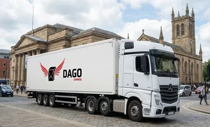DAGO Express courier service truck in front of Blackburn Cathedral in Blackburn
