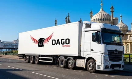 DAGO Express courier service truck in front of Royal Pavilion and Brighton Pier in Brighton and Hove