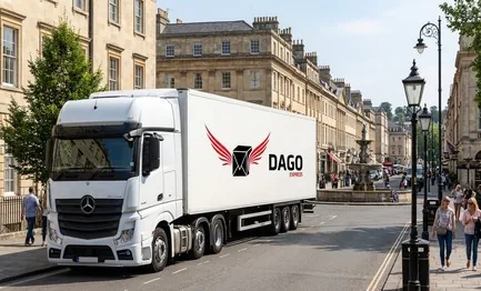 DAGO Express courier service truck in front of Cheltenham Promenade and Regency architecture in Cheltenham