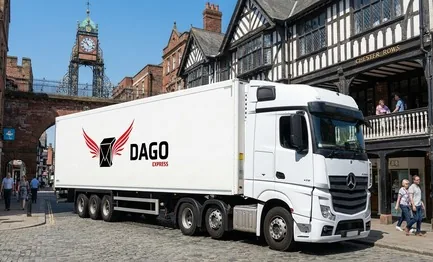 DAGO Express courier service truck in front of Eastgate Clock and the historic Chester Rows in Chester