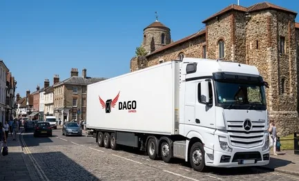 DAGO Express courier service truck in front of Colchester Castle and Roman walls in Colchester