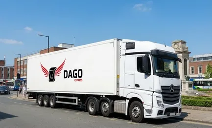 DAGO Express courier service truck in front of High Street and Memorial Gardens in Crawley in Crawley