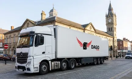 DAGO Express courier service truck in front of Darlington Town Clock and the covered market in Darlington