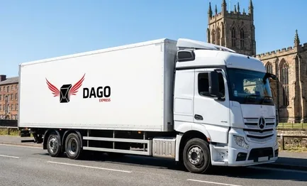 DAGO Express courier service truck in front of Derby Cathedral in Derby