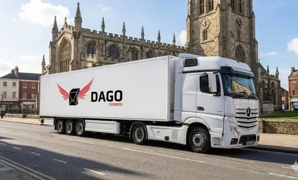 DAGO Express courier service truck in front of Doncaster Minster in Doncaster