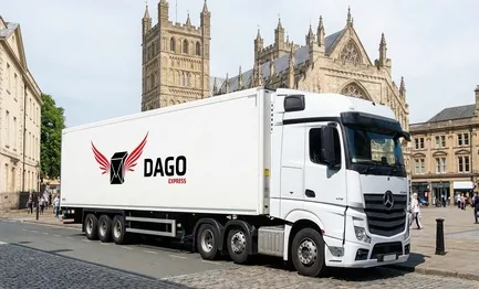 DAGO Express courier service truck in front of Exeter Cathedral on the Cathedral Green in Exeter