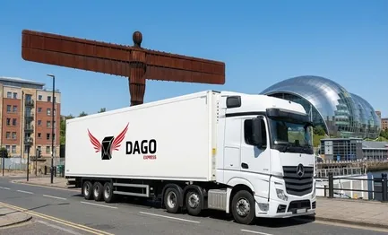 DAGO Express courier service truck in front of Millennium Bridge and the Sage Gateshead in Gateshead