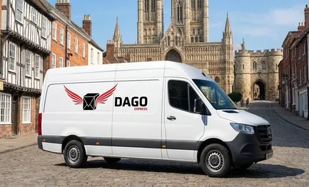 DAGO Express courier service sprinter van in front of Lincoln Cathedral and Steep Hill in Lincoln