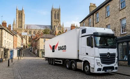 DAGO Express courier service truck in front of Lincoln Cathedral and Steep Hill in Lincoln