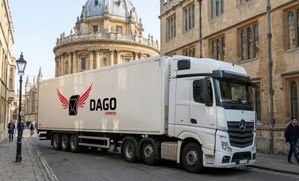 DAGO Express courier service truck in front of Radcliffe Camera and Oxford University colleges in Oxford