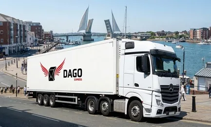 DAGO Express courier service truck in front of Poole Harbour and historic Quay in Poole