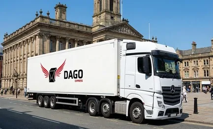 DAGO Express courier service truck in front of Harris Museum and Flag Market in Preston