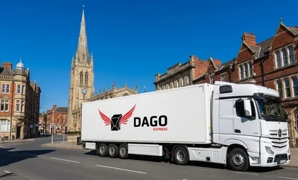 DAGO Express courier service truck in front of Rotherham Minster in Rotherham