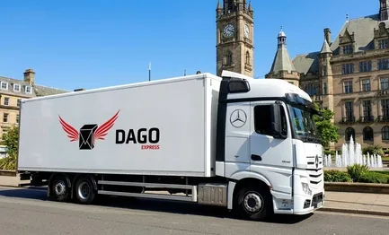 DAGO Express courier service truck in front of Sheffield Town Hall in Sheffield