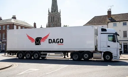 DAGO Express courier service truck in front of St Alphege Church and Mell Square in Solihull