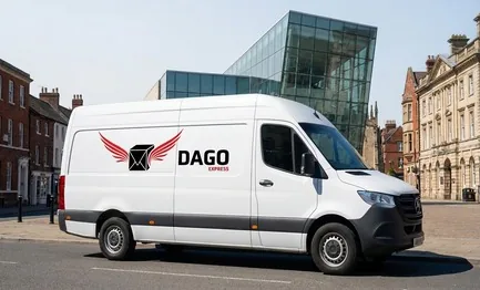DAGO Express courier service sprinter van in front of St Helens Town Hall and Victoria Square in St Helens
