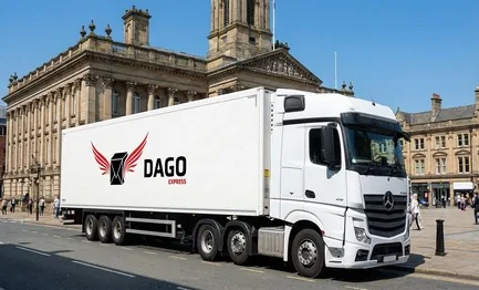 DAGO Express courier service truck in front of St Helens Town Hall and Victoria Square in St Helens