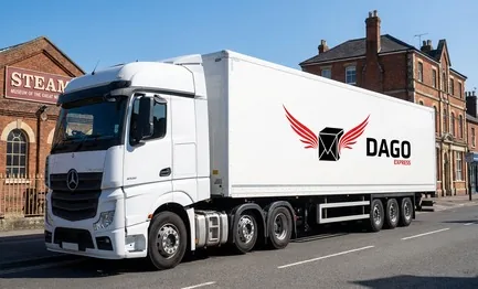 DAGO Express courier service truck in front of Swindon Railway Village and STEAM Museum in Swindon