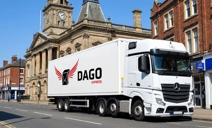 DAGO Express courier service truck in front of St Matthews Church in Walsall