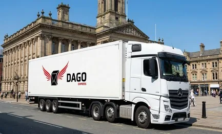 DAGO Express courier service truck in front of Watford High Street and Clock Tower in Watford