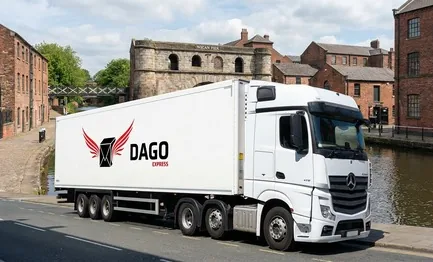 DAGO Express courier service truck in front of Wigan Pier and the historic waterfront in Wigan