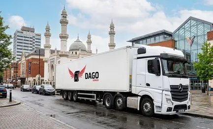DAGO Express courier service truck in front of Lightbox Gallery and Basingstoke Canal in Woking