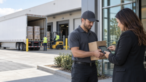 Courier recording proof of delivery during a direct parcel handoff near a freight terminal