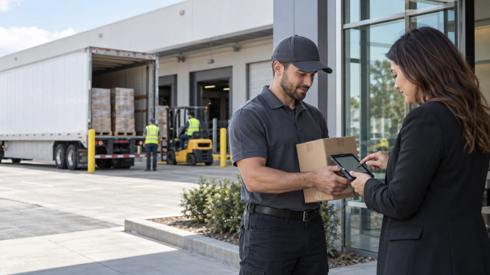 Courier recording proof of delivery during a direct parcel handoff near a freight terminal