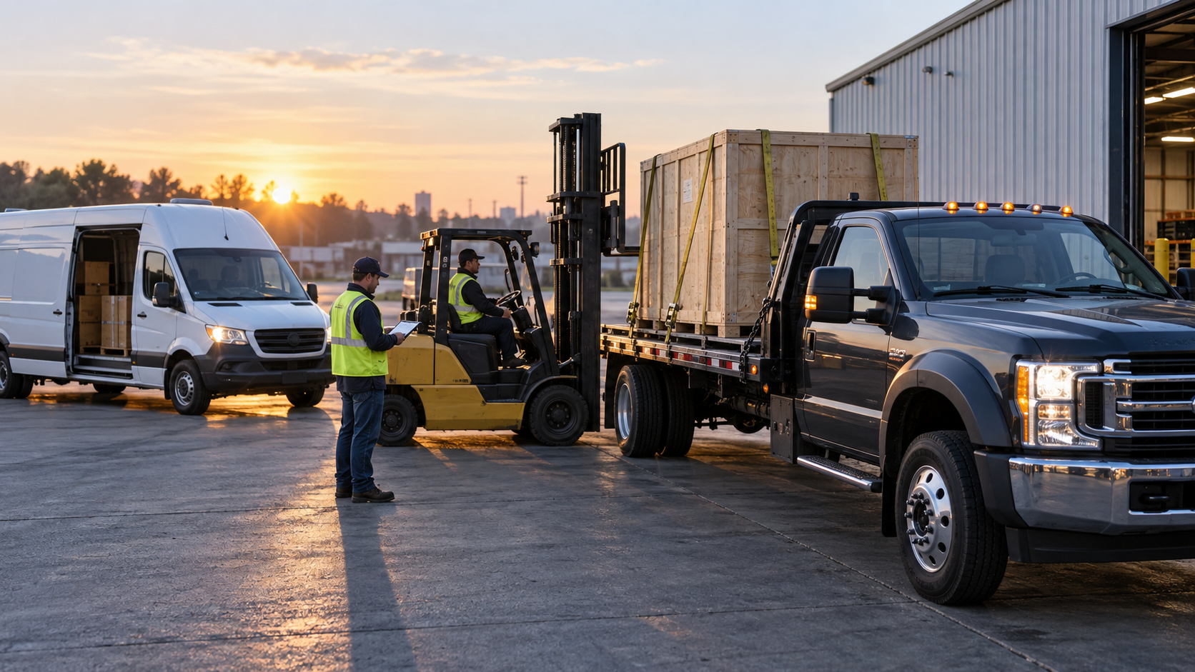 Industrial crate being loaded on a hot shot flatbed truck with an expedited cargo van nearby