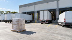 Palletized freight beside LTL trailers, a full truckload trailer, and a dedicated cargo van
