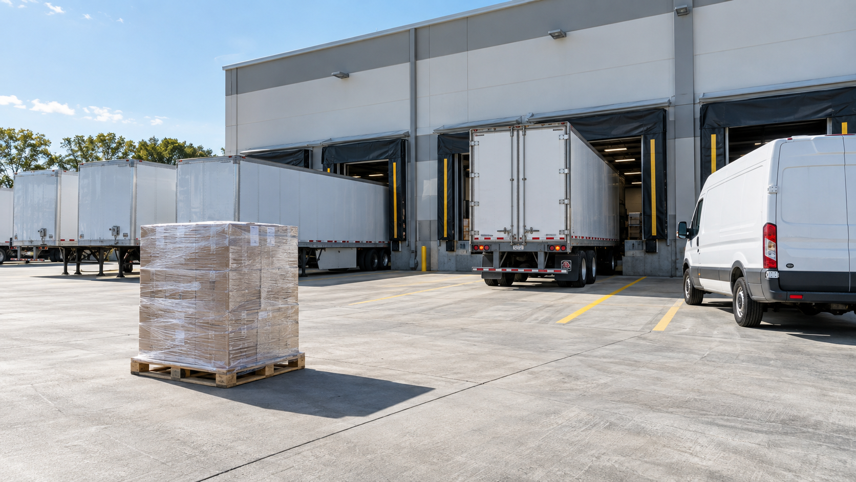 Palletized freight beside LTL trailers, a full truckload trailer, and a dedicated cargo van