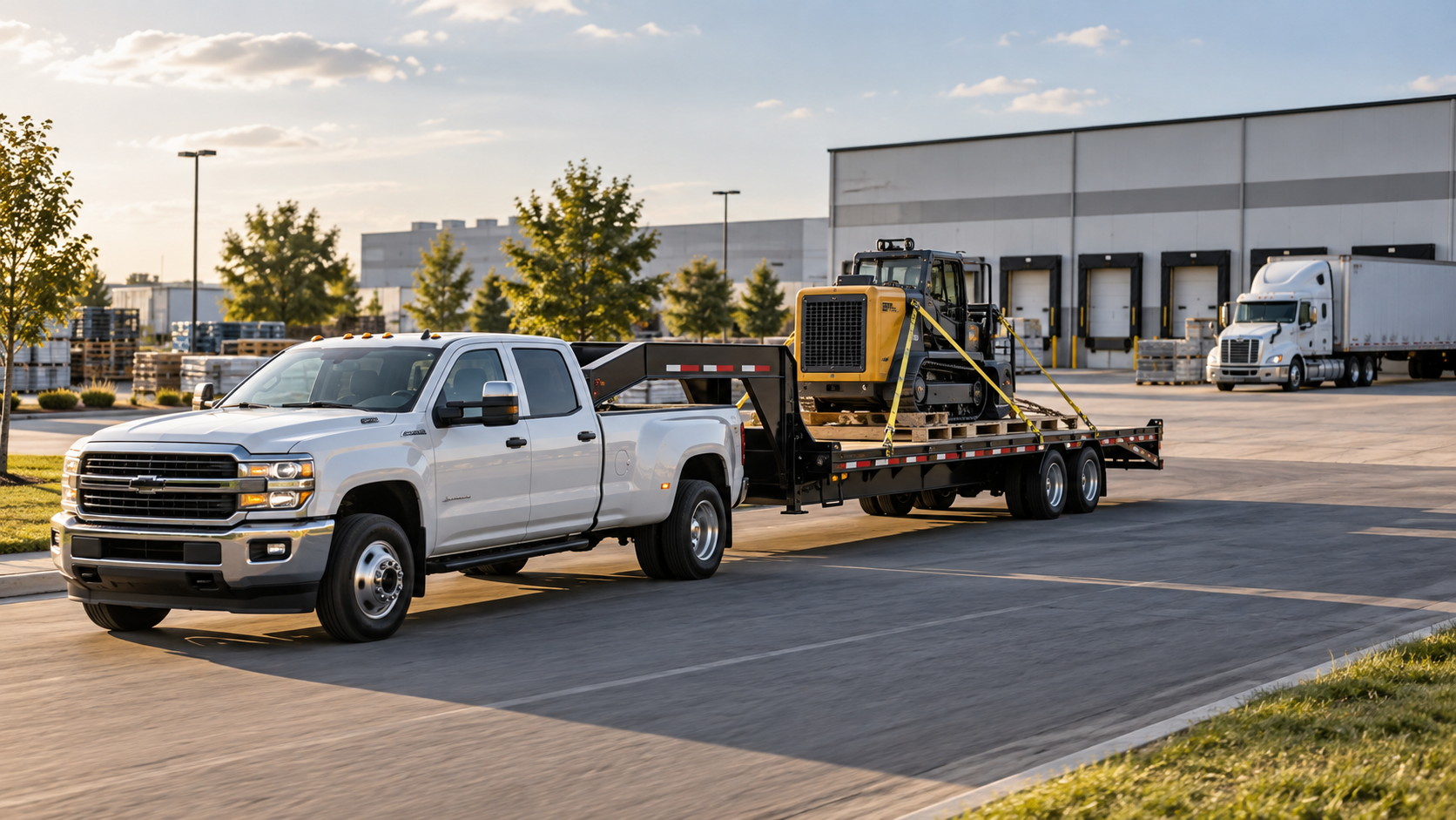 Medium-duty pickup truck hauling secured industrial freight on a gooseneck flatbed trailer for an urgent delivery