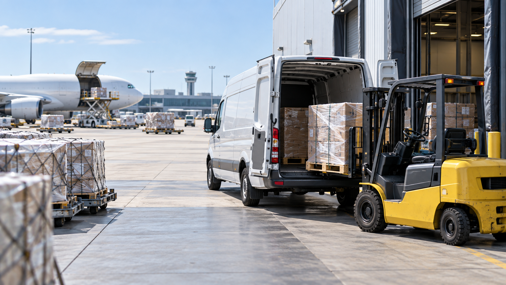 Cargo van and forklift transferring palletized freight from an airport cargo terminal to a warehouse receiving dock
