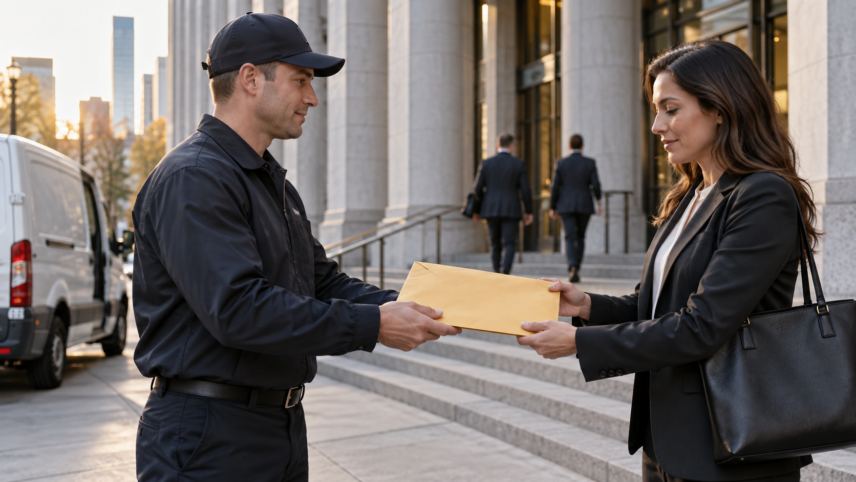Legal courier handing a sealed document envelope to an authorized recipient outside an office