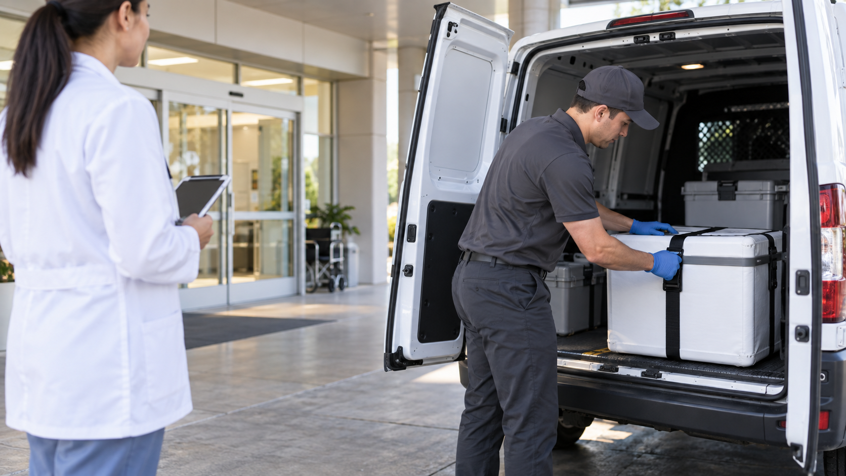 Medical courier securing a sealed insulated specimen transport container at a facility entrance