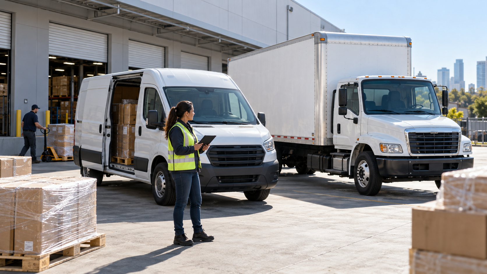 Cargo van and dedicated box truck ready for same-day business delivery at a warehouse