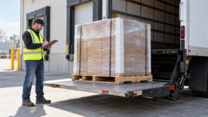 Shrink-wrapped pallet on a delivery truck liftgate with a worker checking the shipment