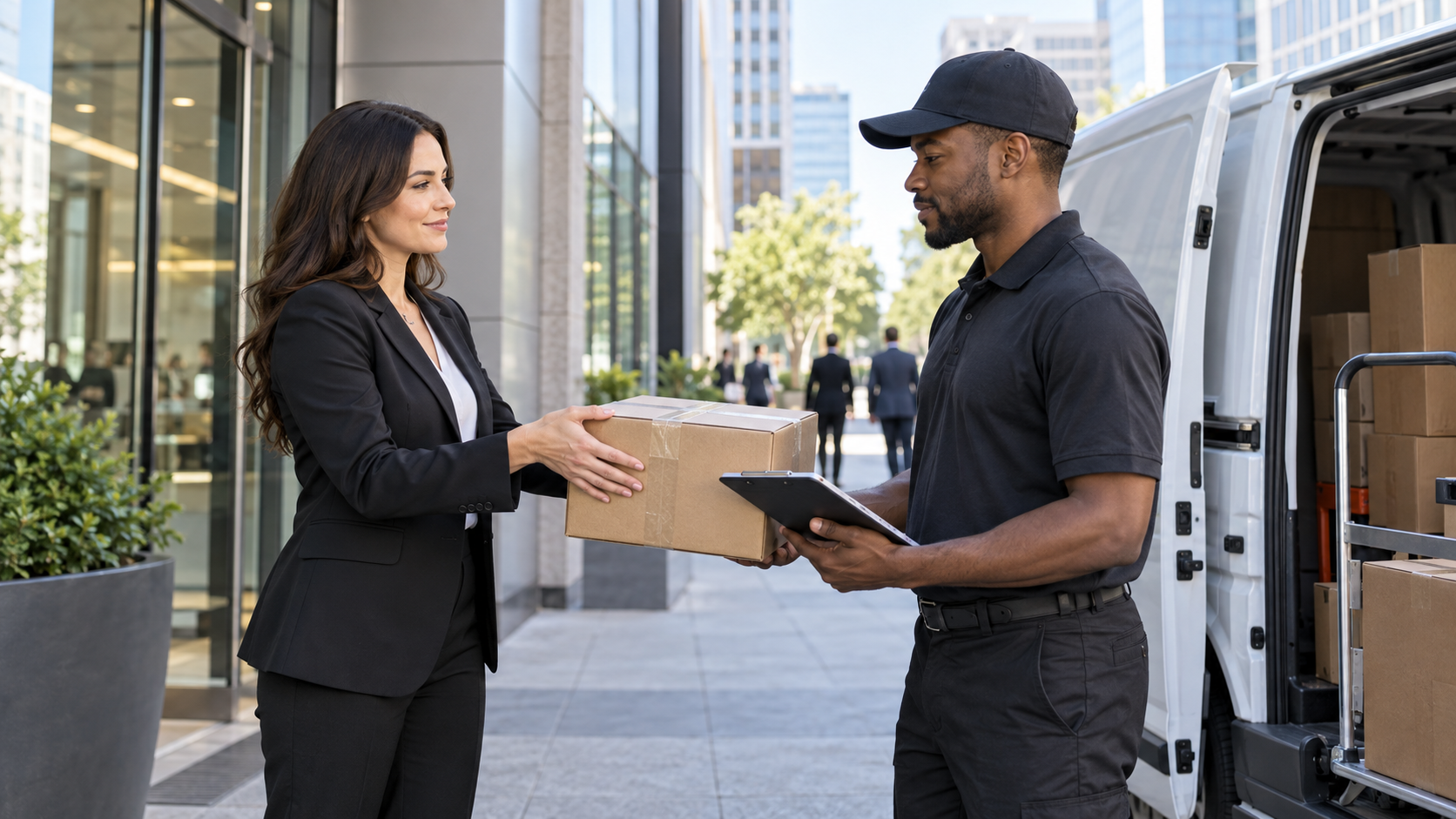 Dedicated courier accepting a parcel directly from an office manager beside a cargo van