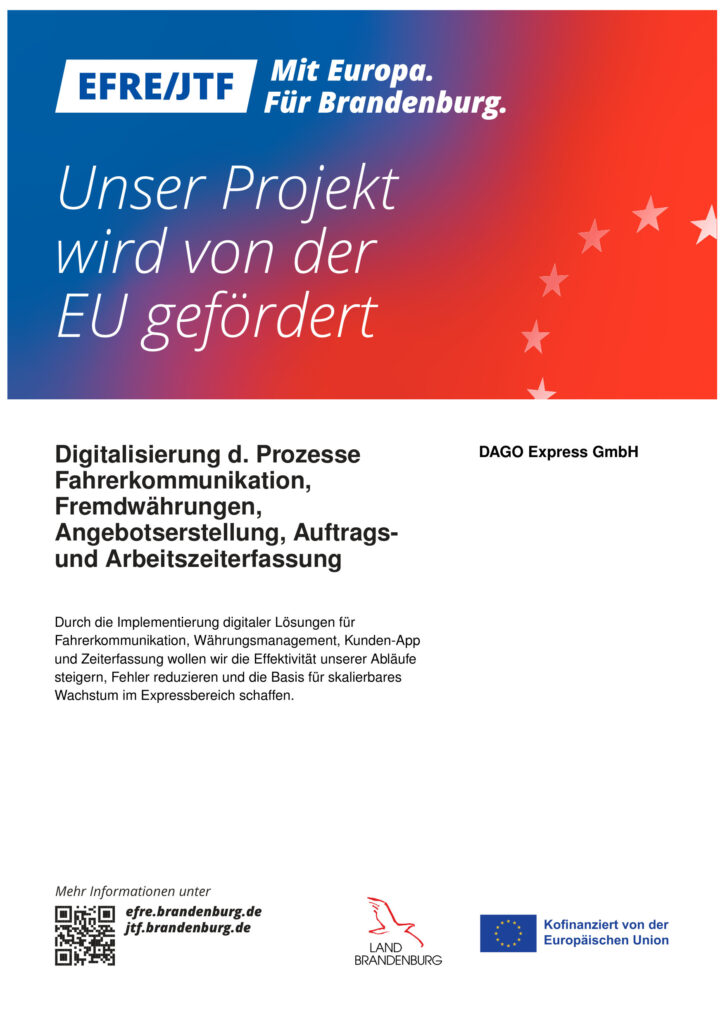 EFRE-Plakat: Digitalisierung der Prozesse Fahrerkommunikation, Fremdwährungen, Angebotserstellung, Auftrags- und Arbeitszeiterfassung – kofinanziert von der Europäischen Union