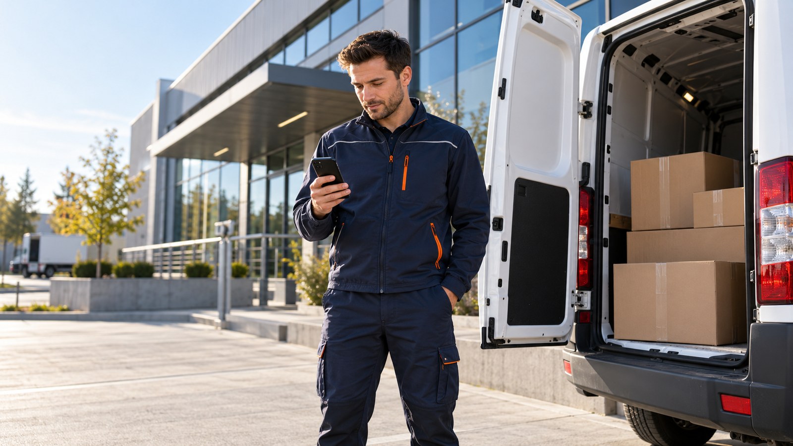 Selbstständiger Kurier prüft sein Smartphone neben einem Transporter für eine Direktfahrt