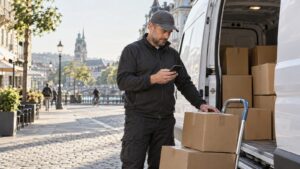 Courier checks a local transport order beside a delivery van