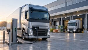 Elektro-Lkw lädt vor einem Logistikzentrum – Symbolbild zur elektrifizierten Lieferkette