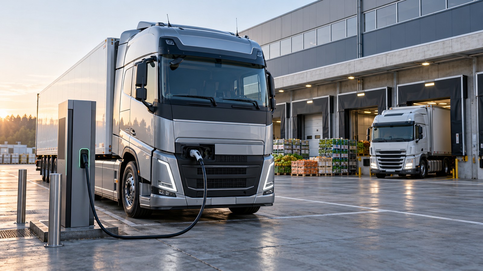 Elektro-Lkw lädt vor einem Logistikzentrum – Symbolbild zur elektrifizierten Lieferkette
