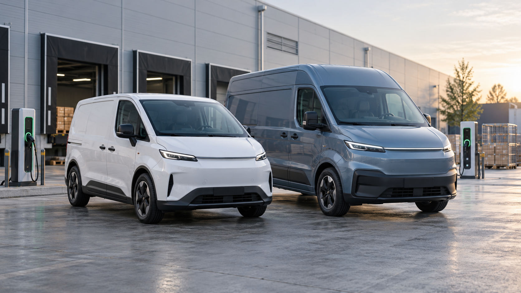 Kia PV5 Cargo and Renault Trafic E-Tech electric cargo vans at a logistics depot