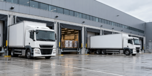 Witte vrachtwagens bij de laadperrons van een modern logistiek distributiecentrum