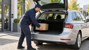 Kurierfahrer lädt ein Paket in einen Pkw für einen Nebenjob mit Auto fahren ohne Uber